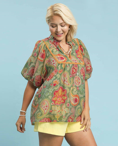 Umgee Plus Paisley Print Top with Puff Sleeves