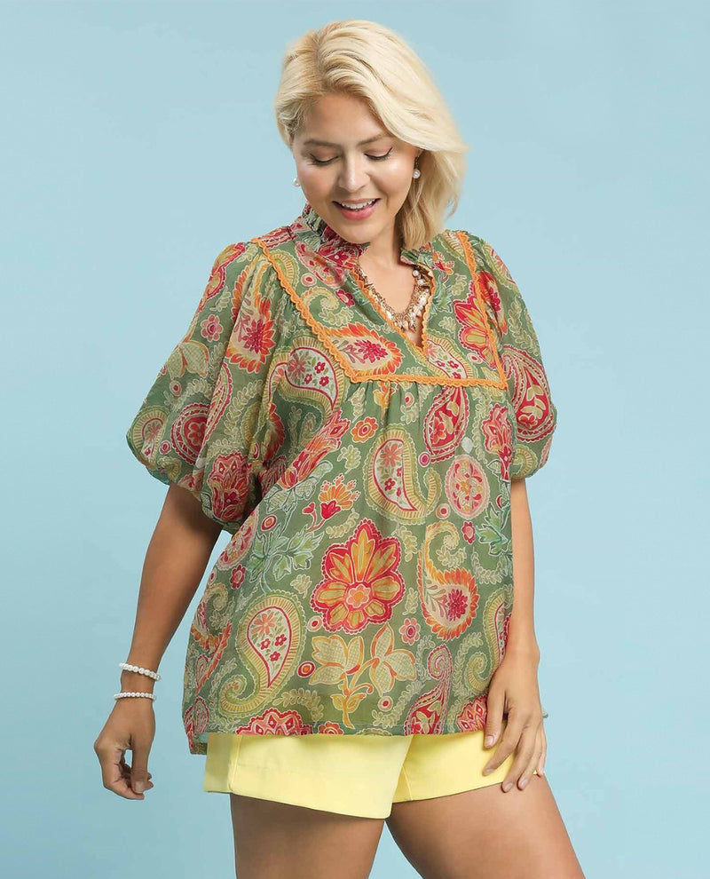 Umgee Plus Paisley Print Top with Puff Sleeves