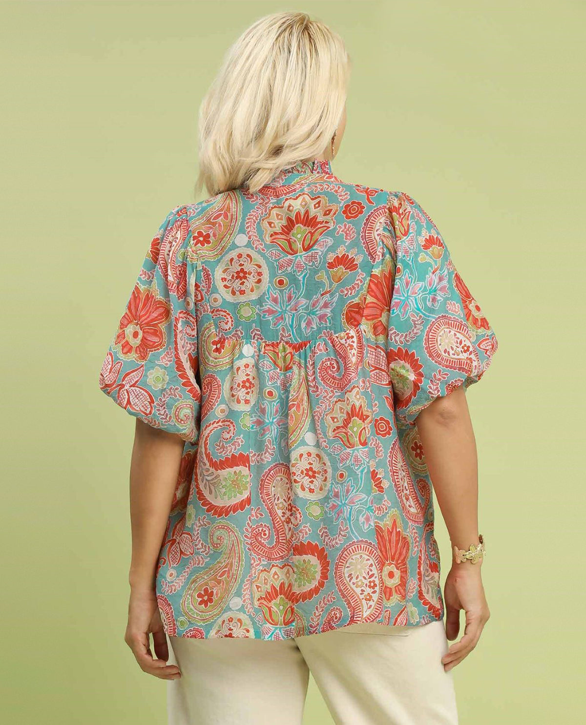 Umgee Plus Paisley Print Top with Puff Sleeves