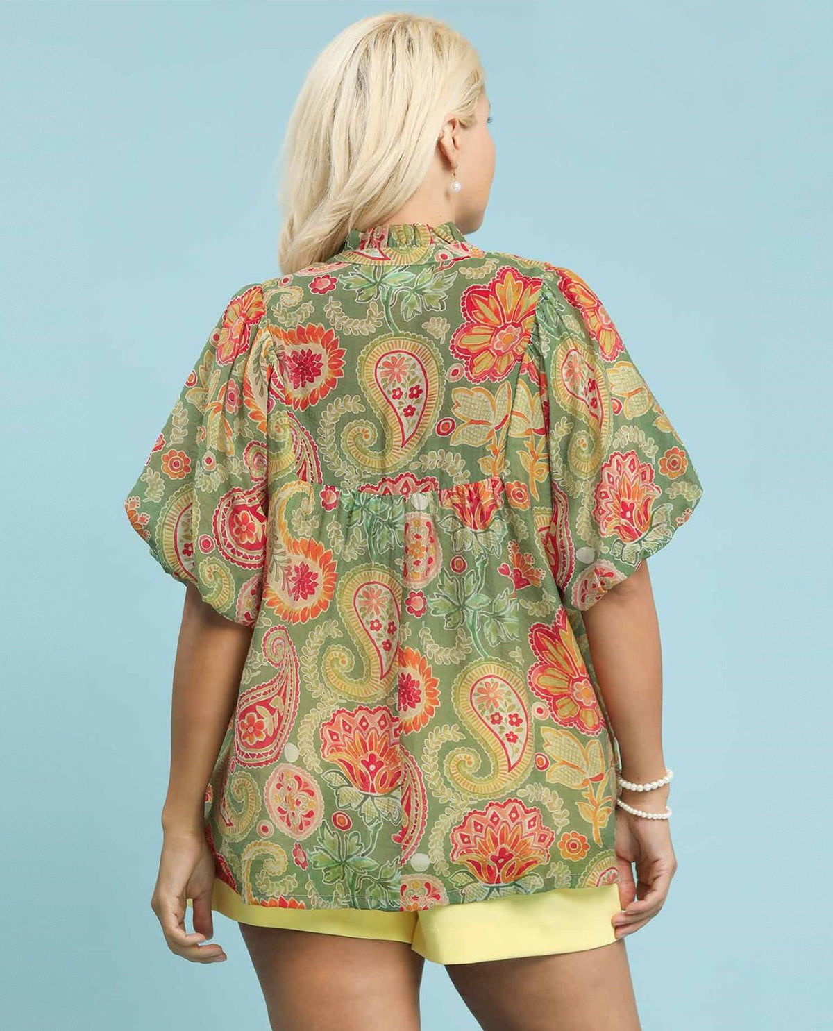 Umgee Plus Paisley Print Top with Puff Sleeves