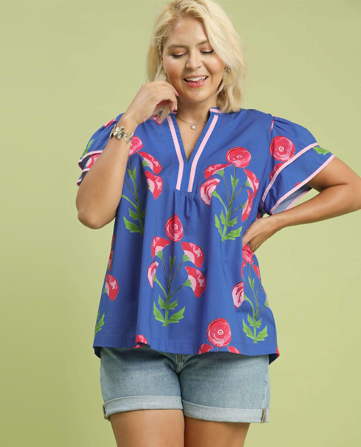 Umgee Plus Floral Print Top with Ruffle Sleeves
