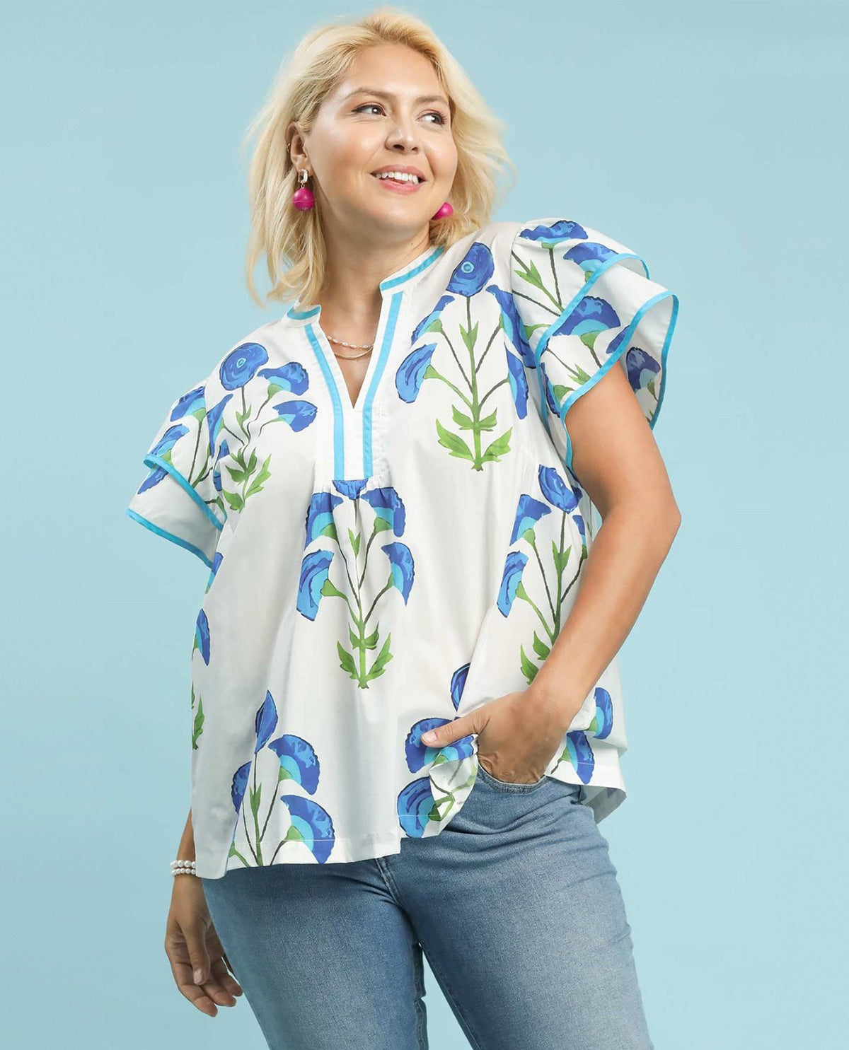 Umgee Plus Floral Print Top with Ruffle Sleeves