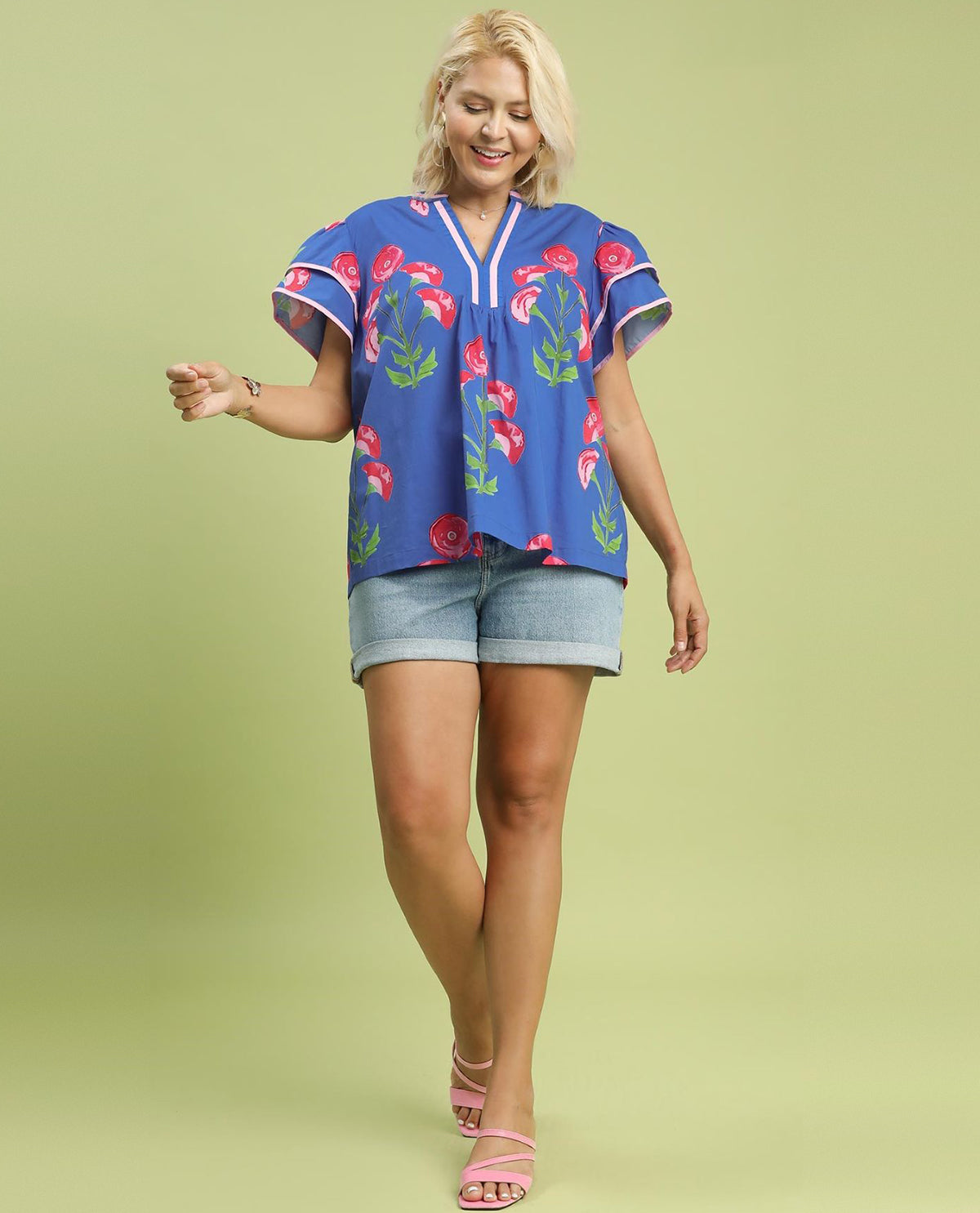 Umgee Plus Floral Print Top with Ruffle Sleeves