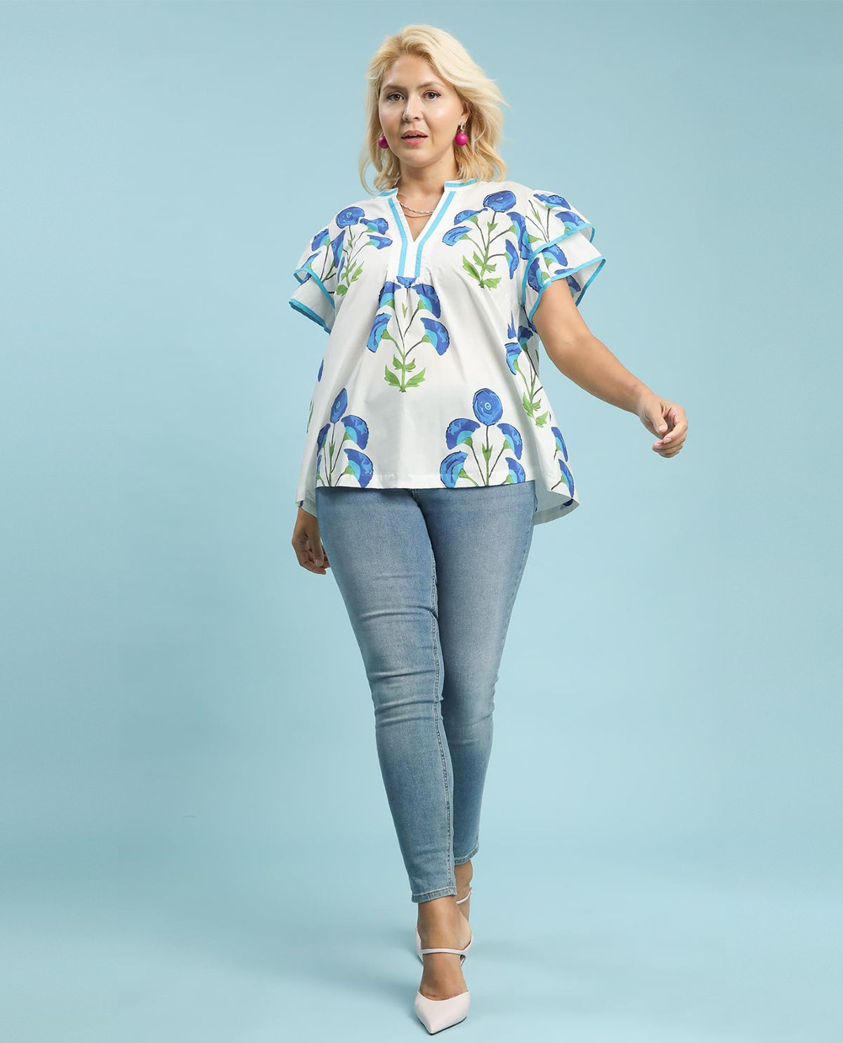 Umgee Plus Floral Print Top with Ruffle Sleeves