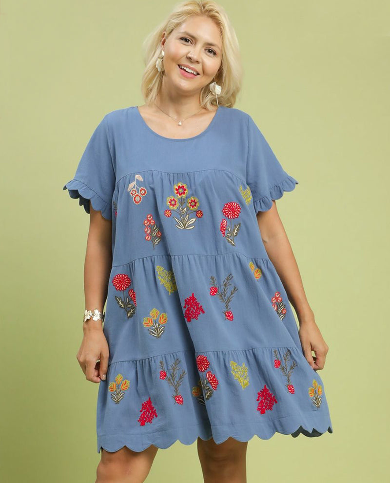 Umgee Plus Embroidered Tiered Dress with Short Ruffle Sleeves and Round Neckline