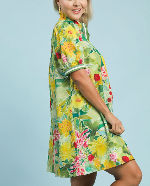 Umgee Plus High Neck Dress with Stripe Band Short Sleeves