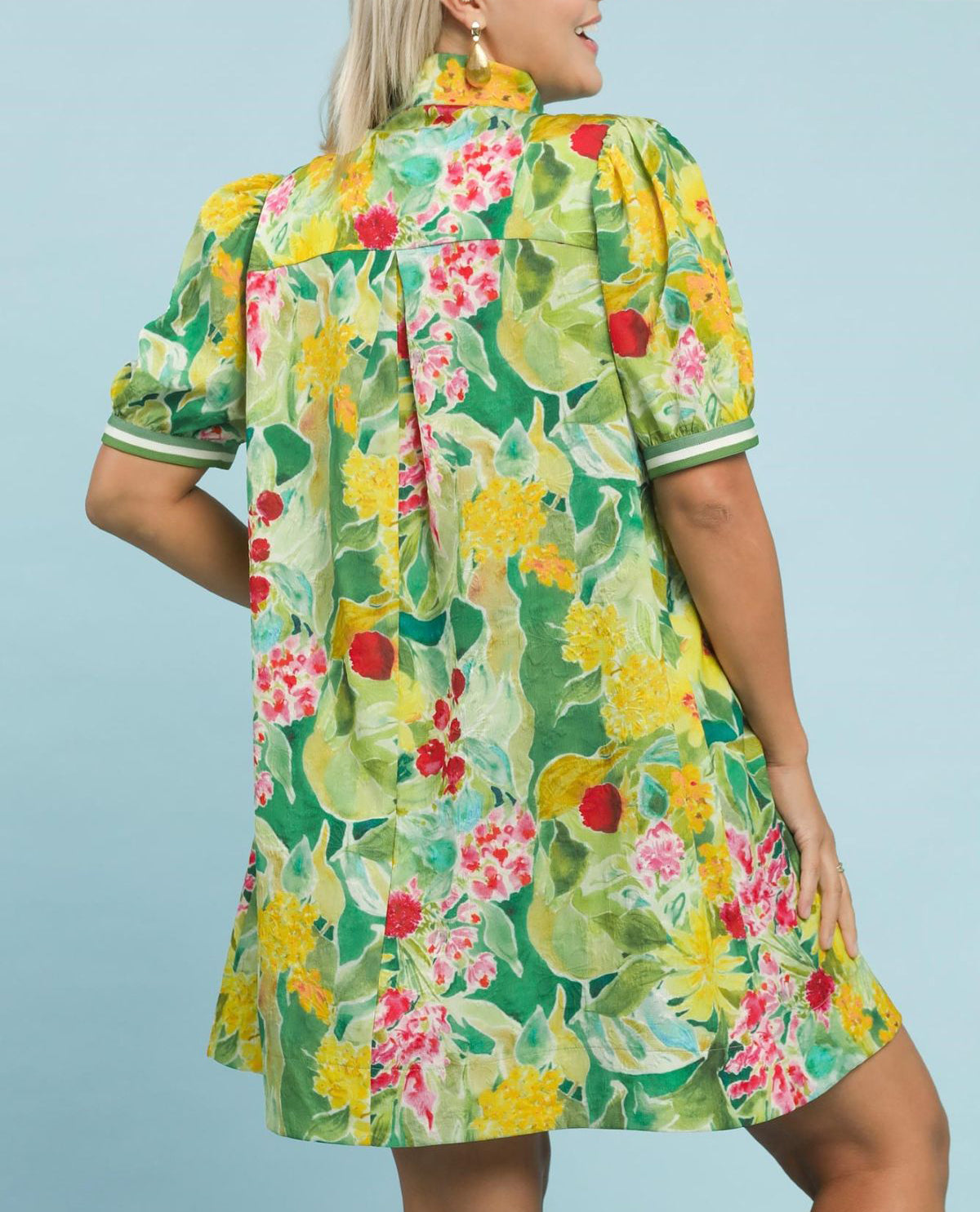 Umgee Plus High Neck Dress with Stripe Band Short Sleeves