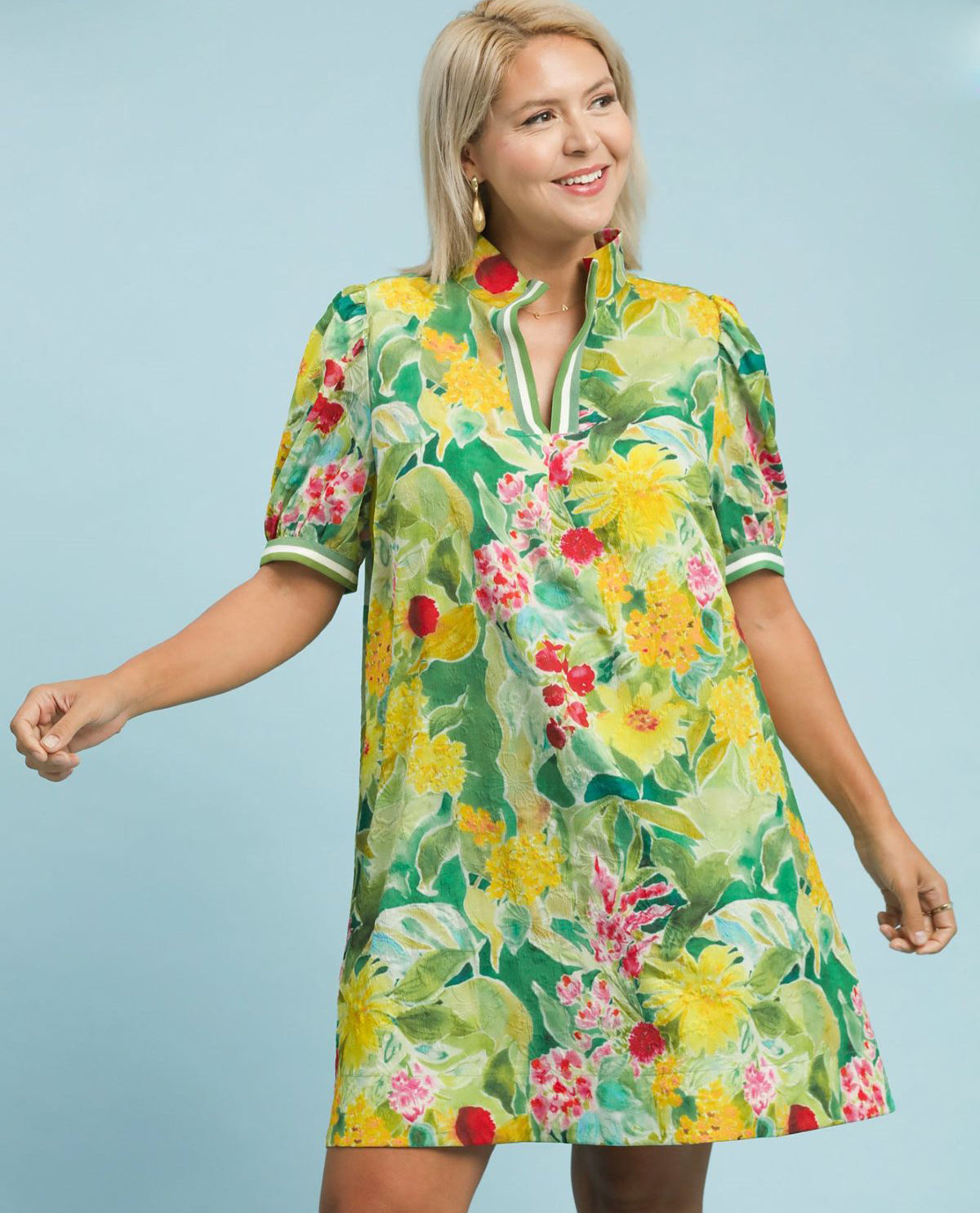 Umgee Plus High Neck Dress with Stripe Band Short Sleeves