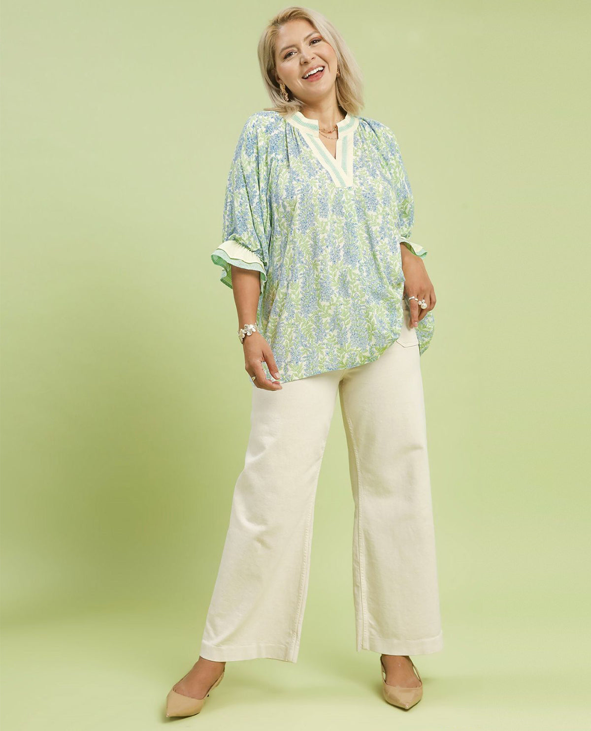 Plus V-neck Top with Contrast Trim and Short Puff Sleeves with Ruffle Striped Detail