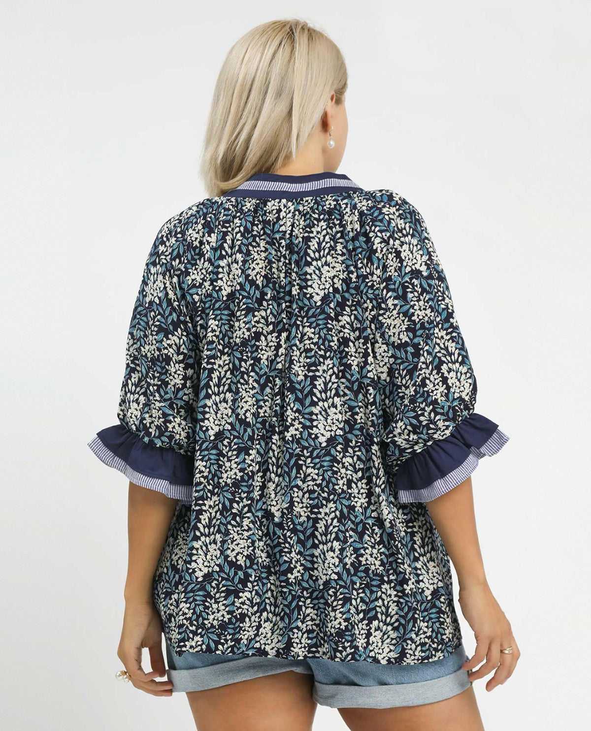 Plus V-neck Top with Contrast Trim and Short Puff Sleeves with Ruffle Striped Detail