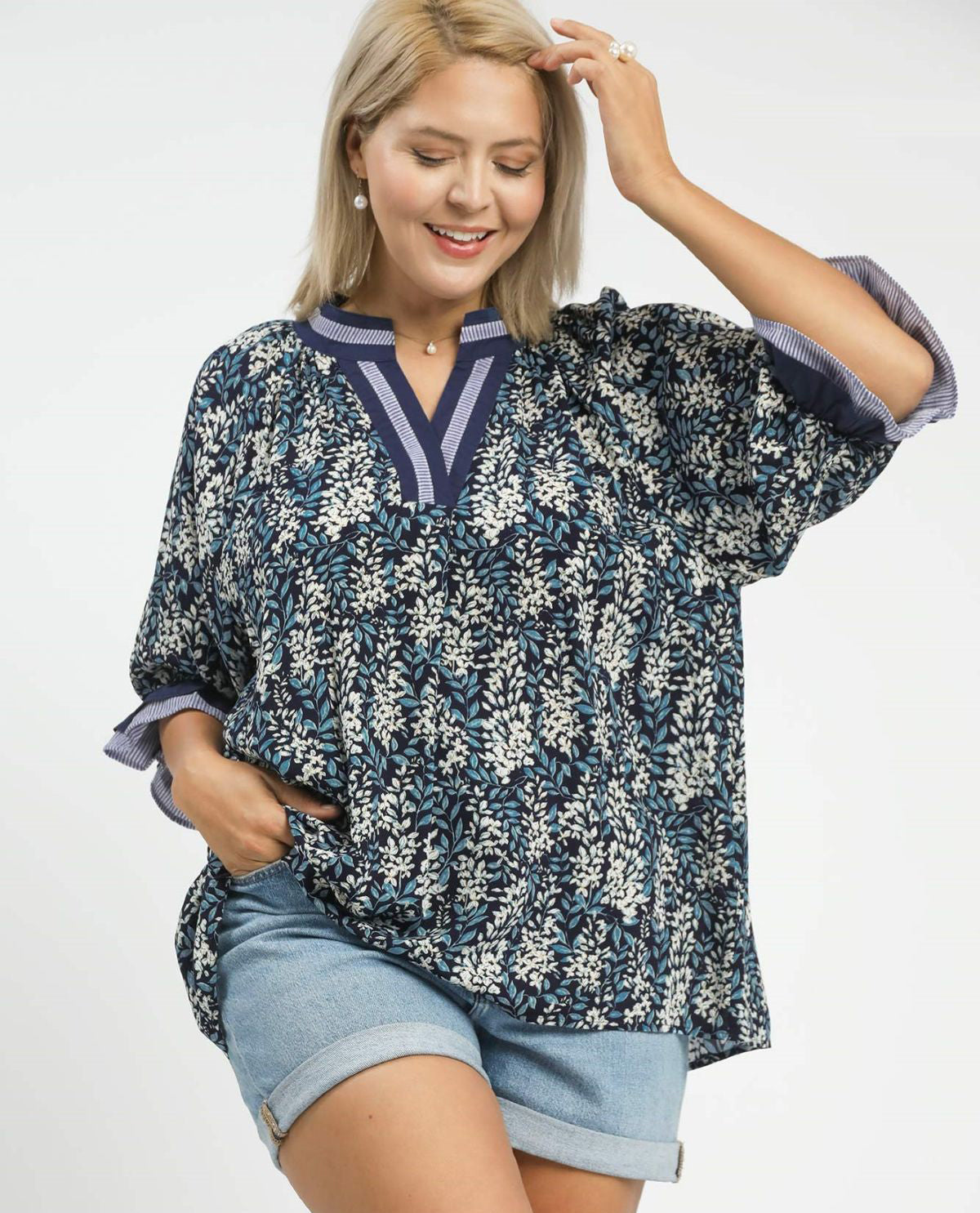 Plus V-neck Top with Contrast Trim and Short Puff Sleeves with Ruffle Striped Detail