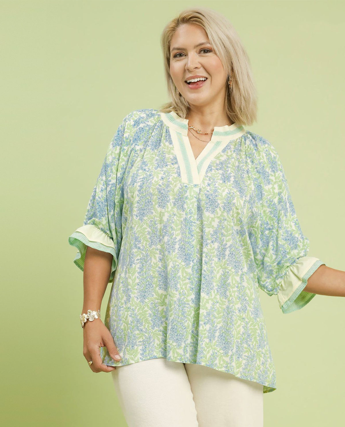 Plus V-neck Top with Contrast Trim and Short Puff Sleeves with Ruffle Striped Detail