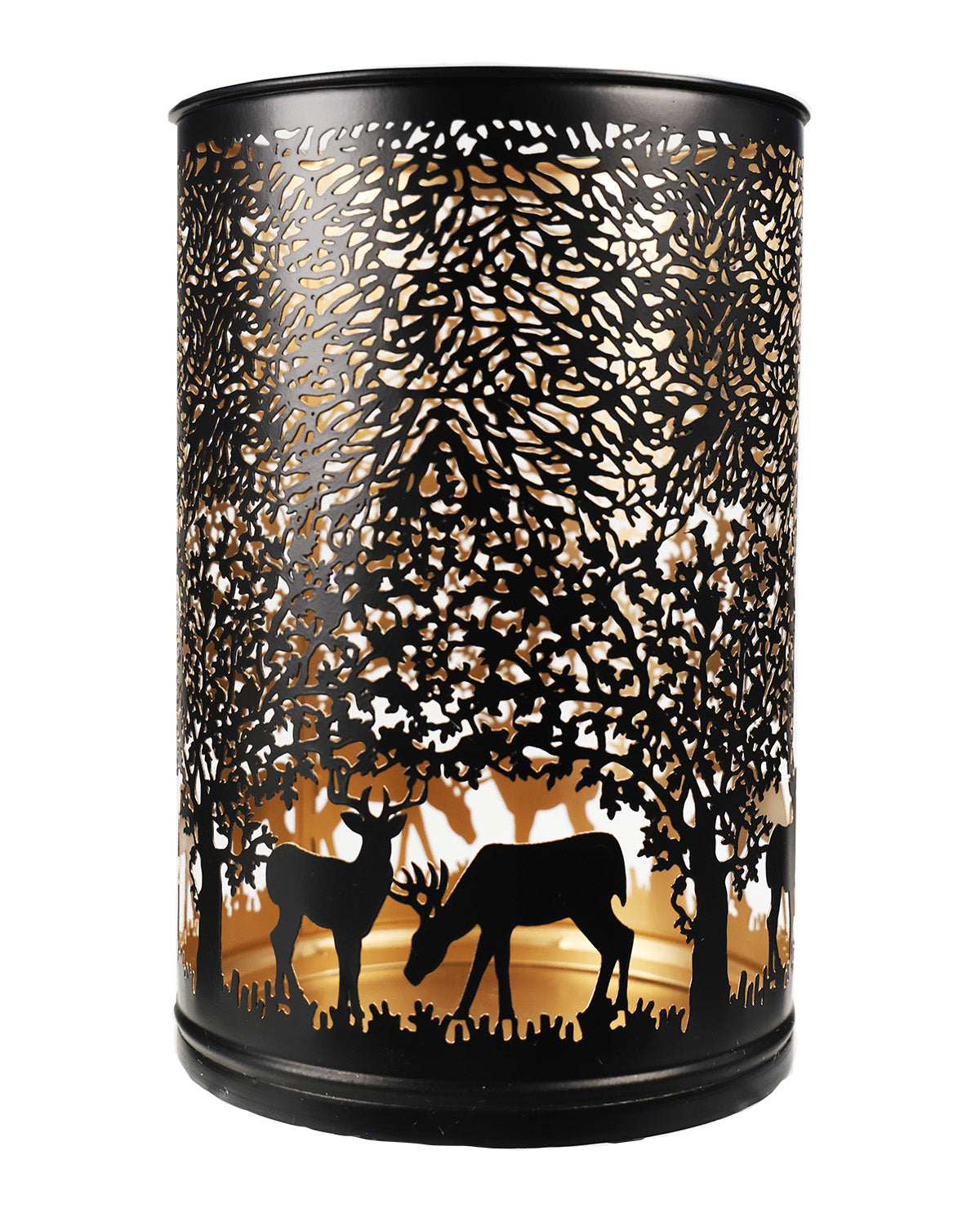 A black metal cylindrical lantern with a laser-cut forest design featuring silhouettes of trees, deer, and a warm glowing light inside, shown against a plain white background.