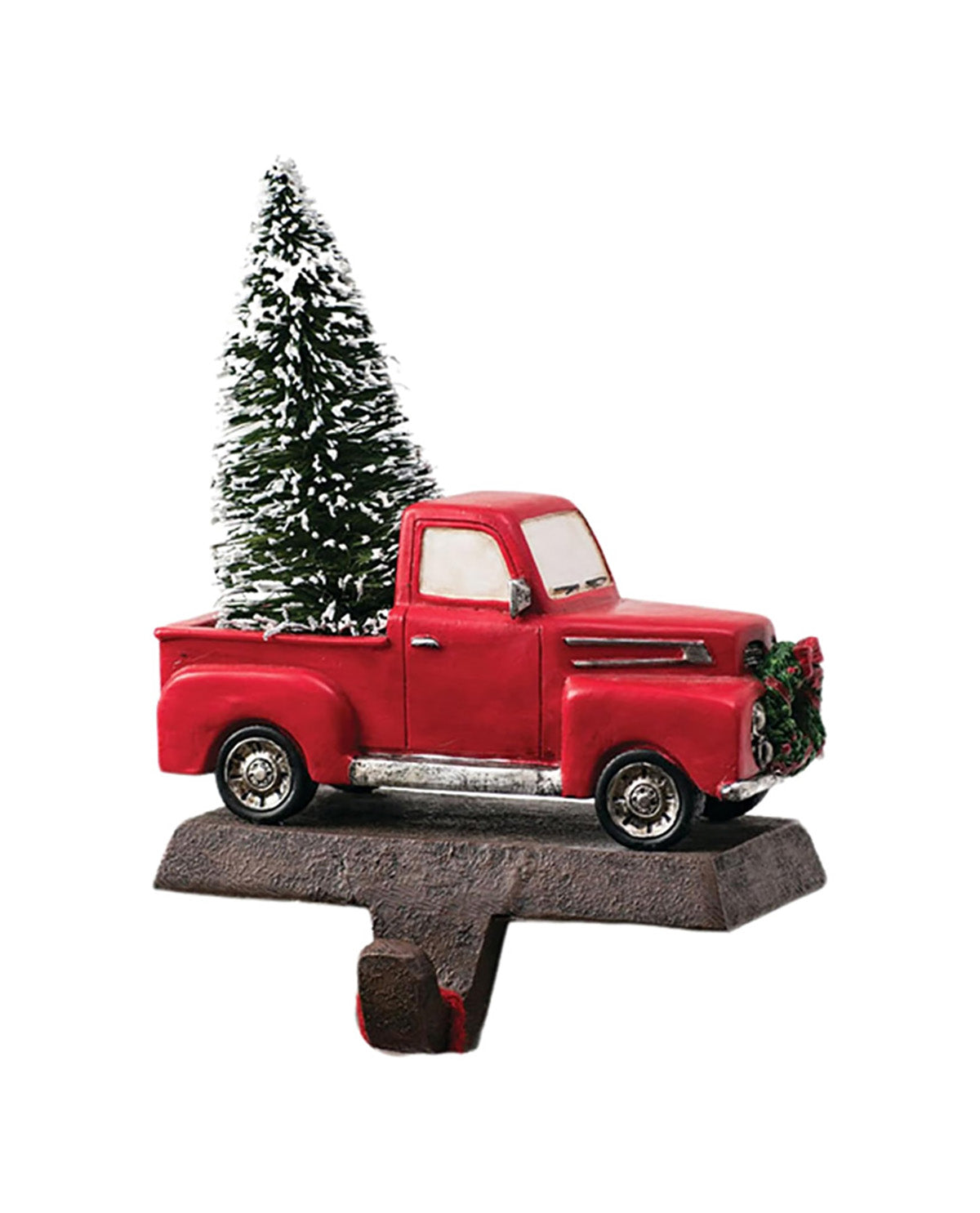 Red truck with a Christmas tree on a white background