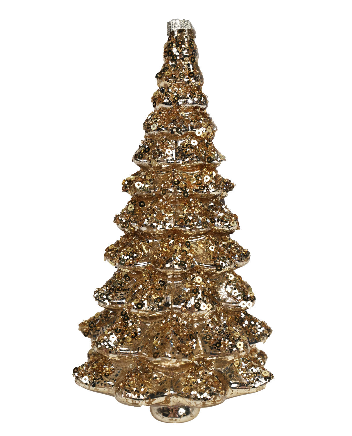 A small, glittery gold Christmas tree ornament with a textured, sparkly finish and a silver-tipped top, shown against a plain white background.