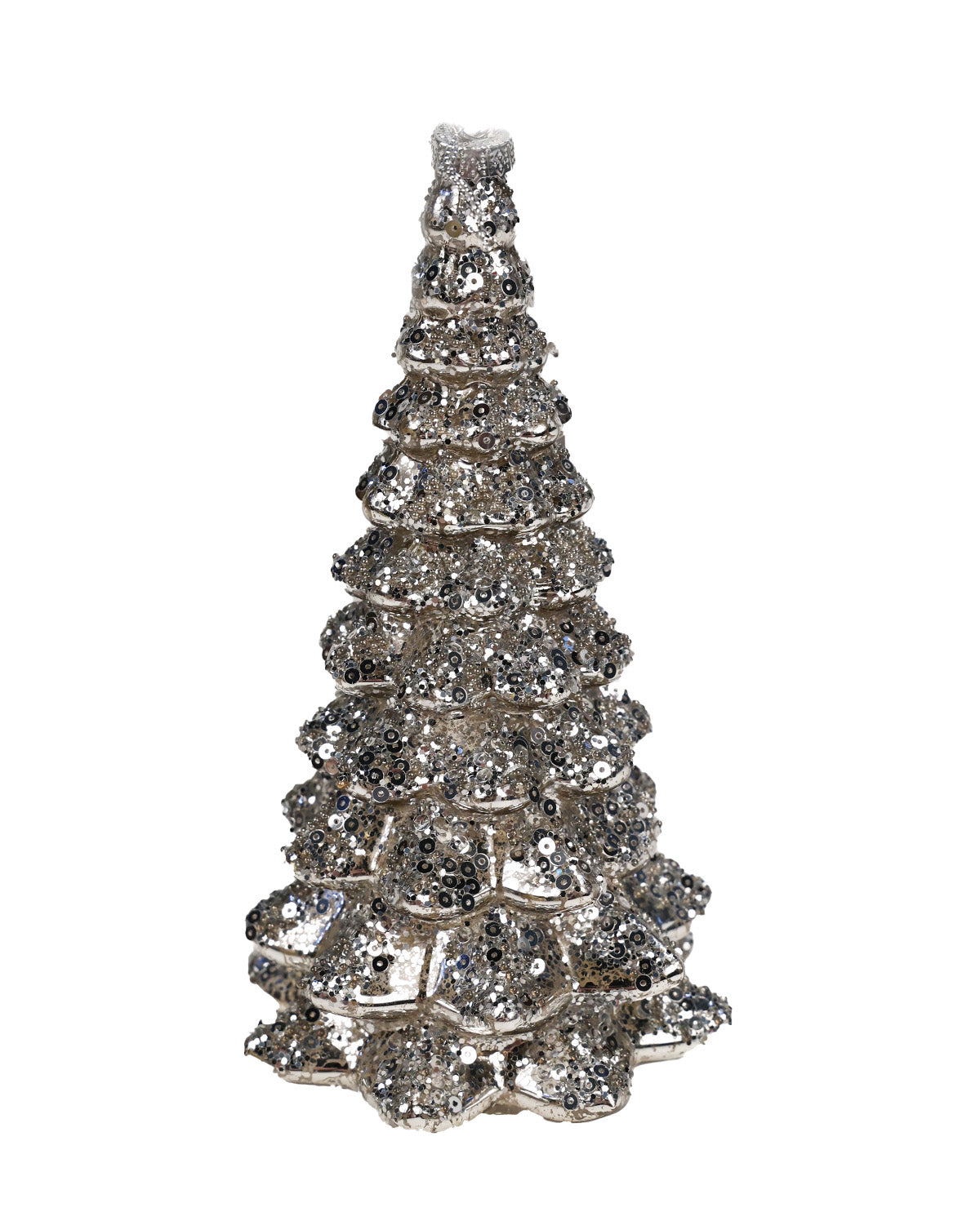 A silver glitter Christmas tree ornament with a textured, sparkling finish, isolated on a white background.