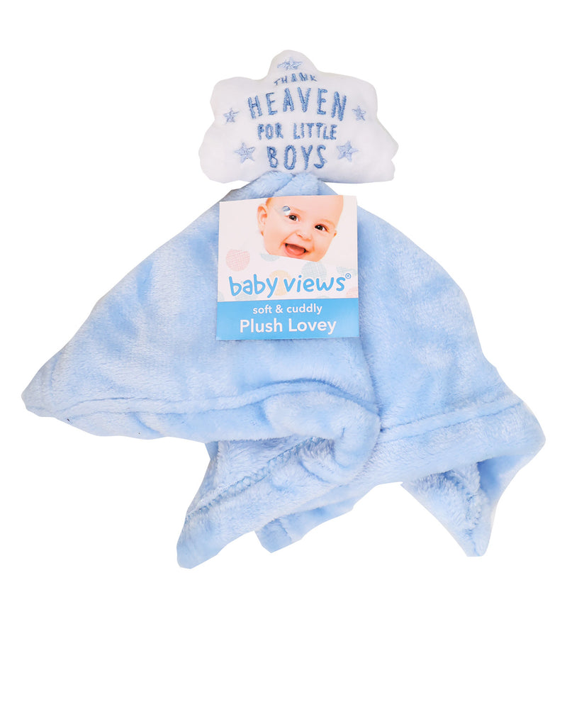A light blue plush baby lovey with a matching cloud-shaped pillow attached, featuring the text 'HEAVEN FOR LITTLE BOYS' and a 'baby views' brand tag on a white background.