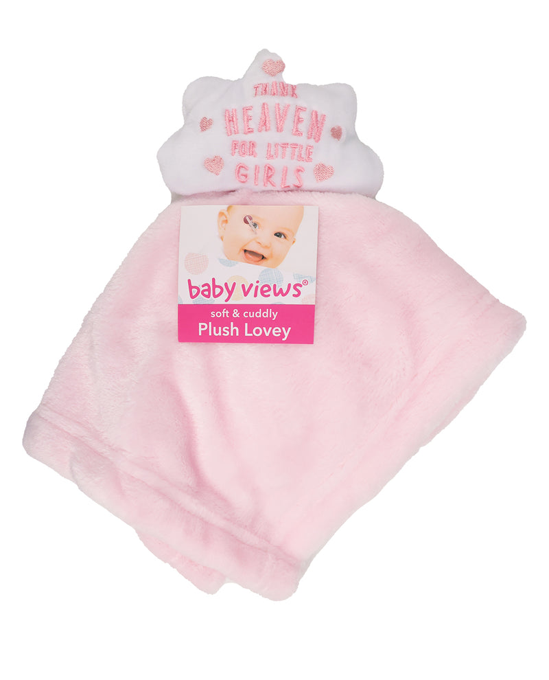 Plush lovey for baby girl with "Thank Heaven For Little Girls" print