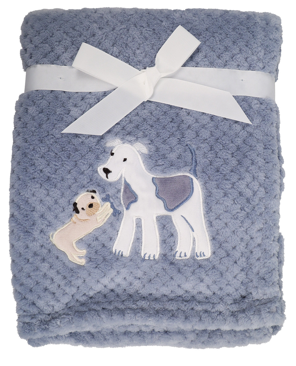 Blue textured blanket with embroidered dog design on a white background