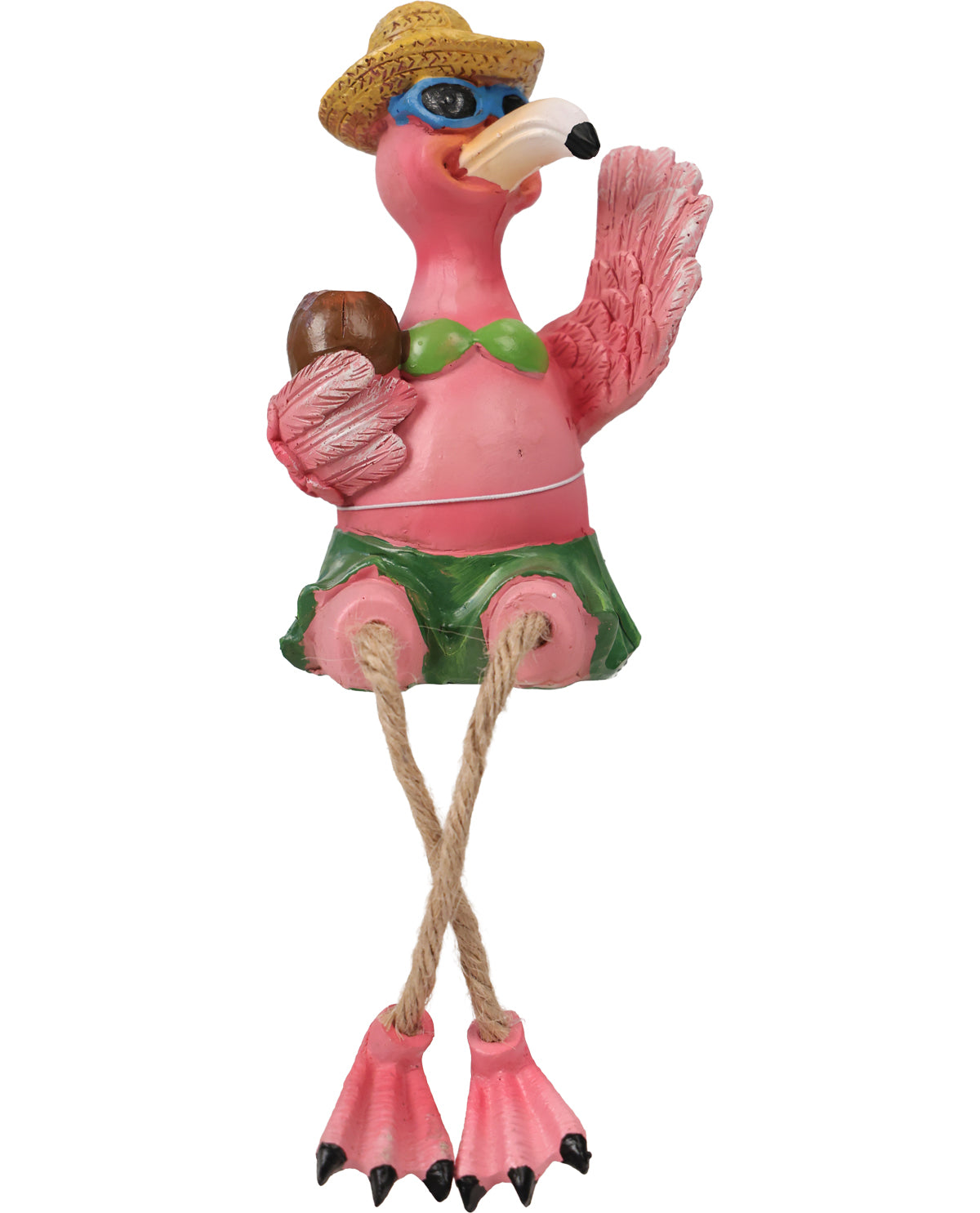 A decorative flamingo figurine wearing a straw hat, blue sunglasses, a green bow tie, and a green skirt, holding a brown acorn, isolated on a white background.