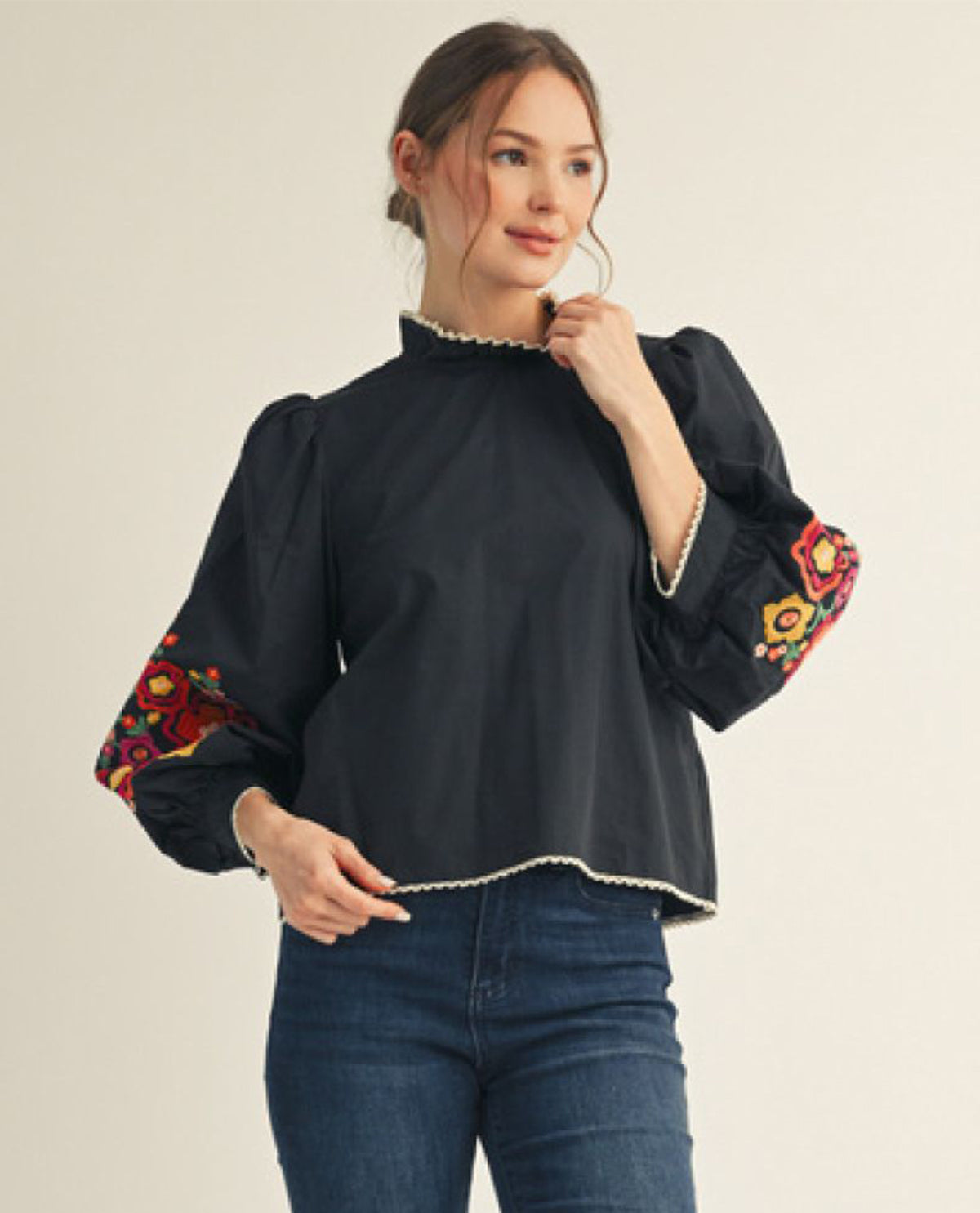 Embroidery Top with 3/4 Balloon Sleeve and Ruffle Mock Neck