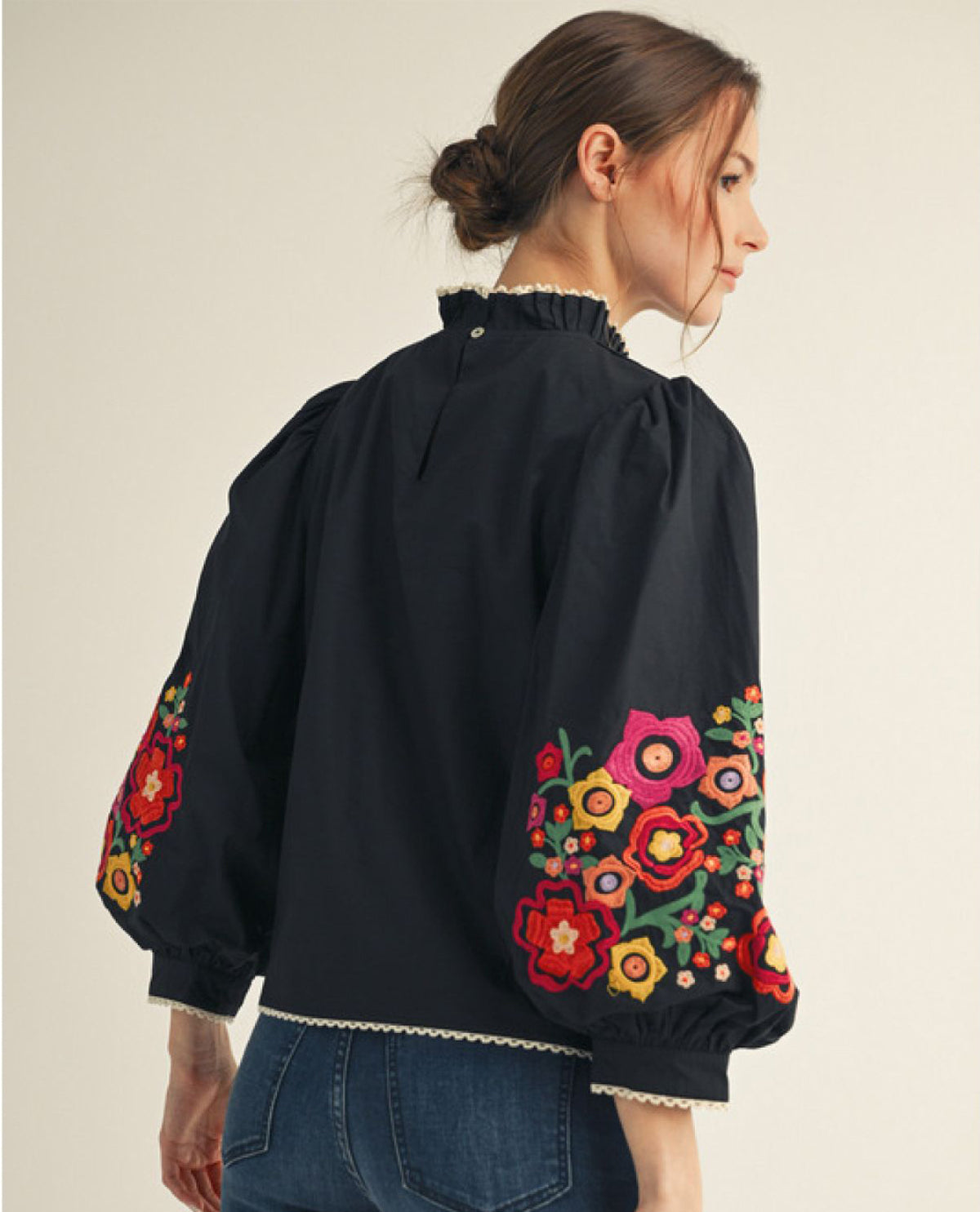 Embroidery Top with 3/4 Balloon Sleeve and Ruffle Mock Neck
