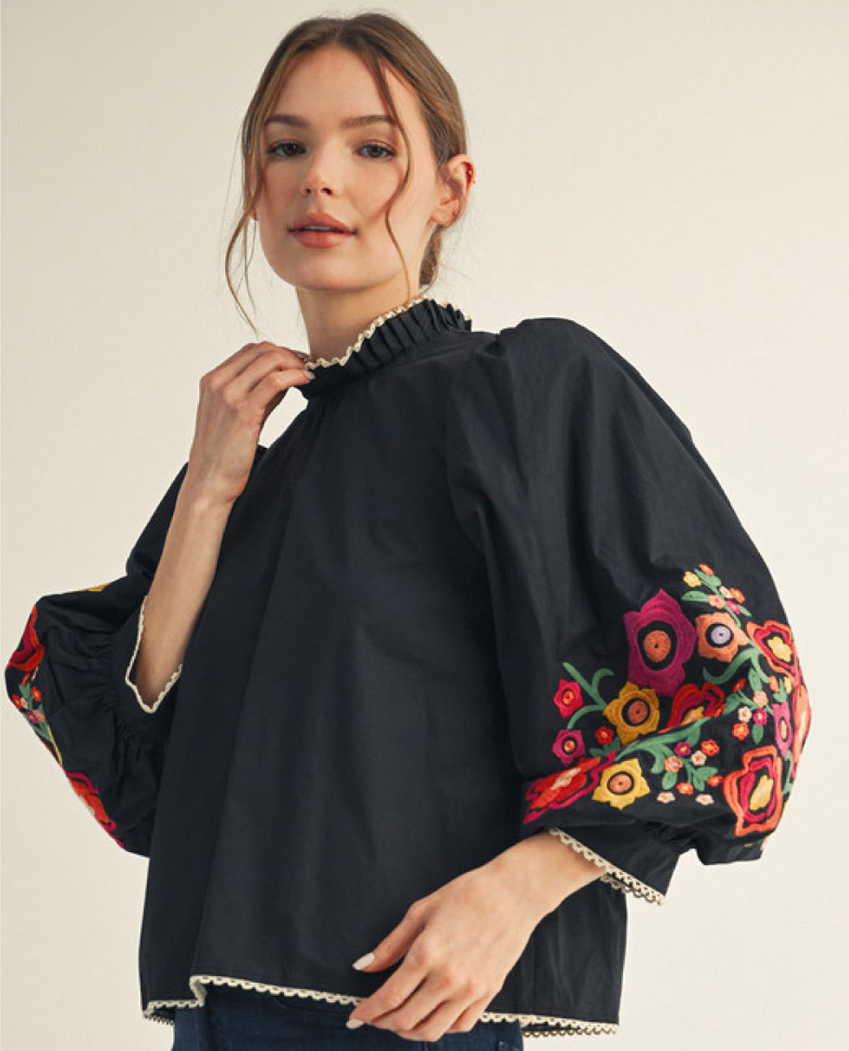 Embroidery Top with 3/4 Balloon Sleeve and Ruffle Mock Neck