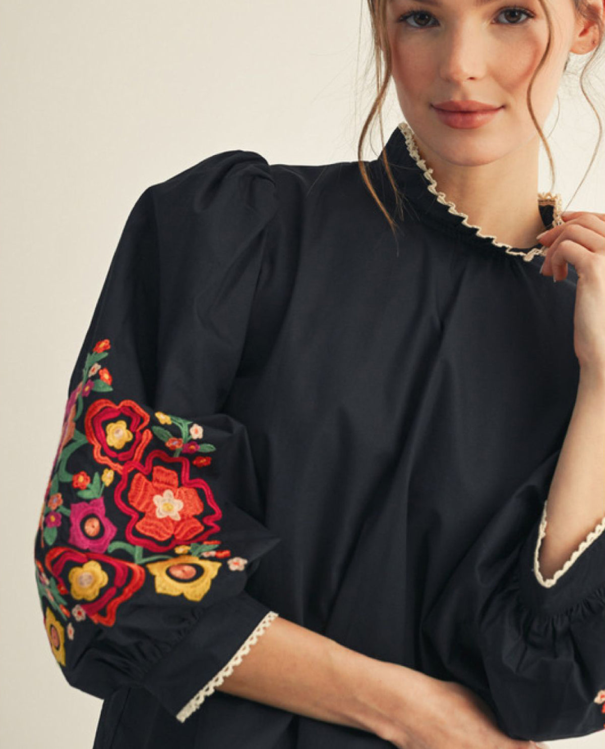 Embroidery Top with 3/4 Balloon Sleeve and Ruffle Mock Neck