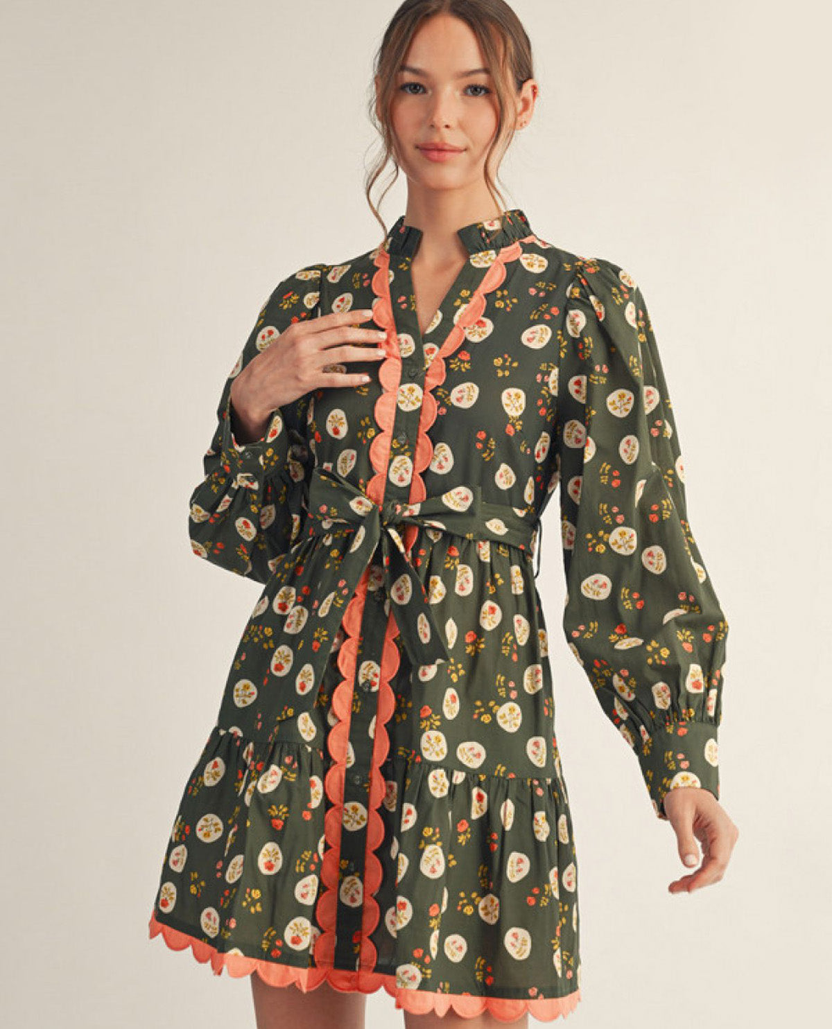 Long Sleeves Button Down Floral Dress with Side Pockets and Waist Tie