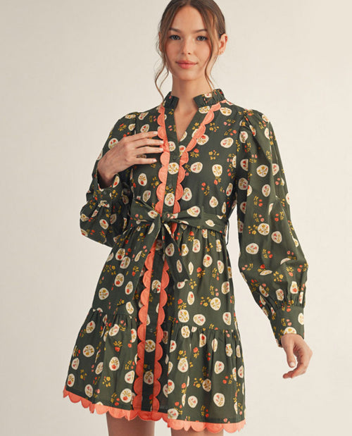 Long Sleeves Button Down Floral Dress with Side Pockets and Waist Tie