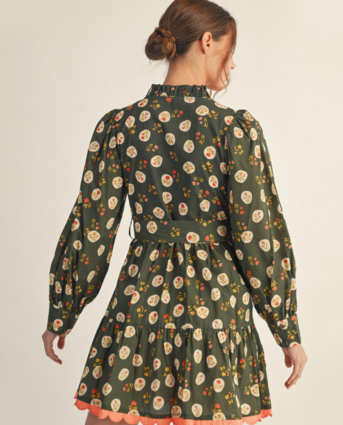 Long Sleeves Button Down Floral Dress with Side Pockets and Waist Tie