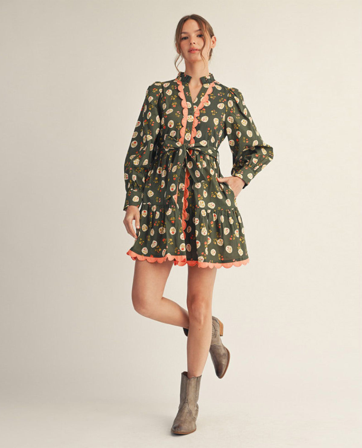 Long Sleeves Button Down Floral Dress with Side Pockets and Waist Tie