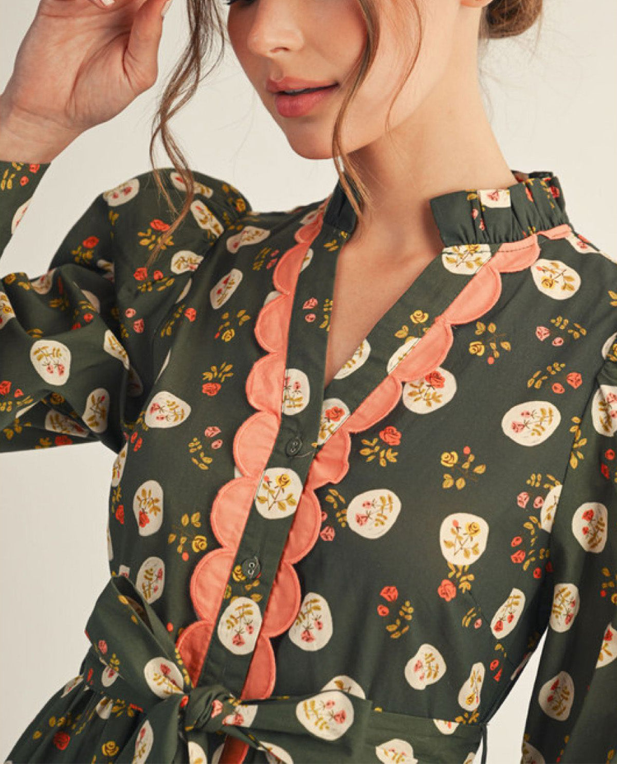 Long Sleeves Button Down Floral Dress with Side Pockets and Waist Tie