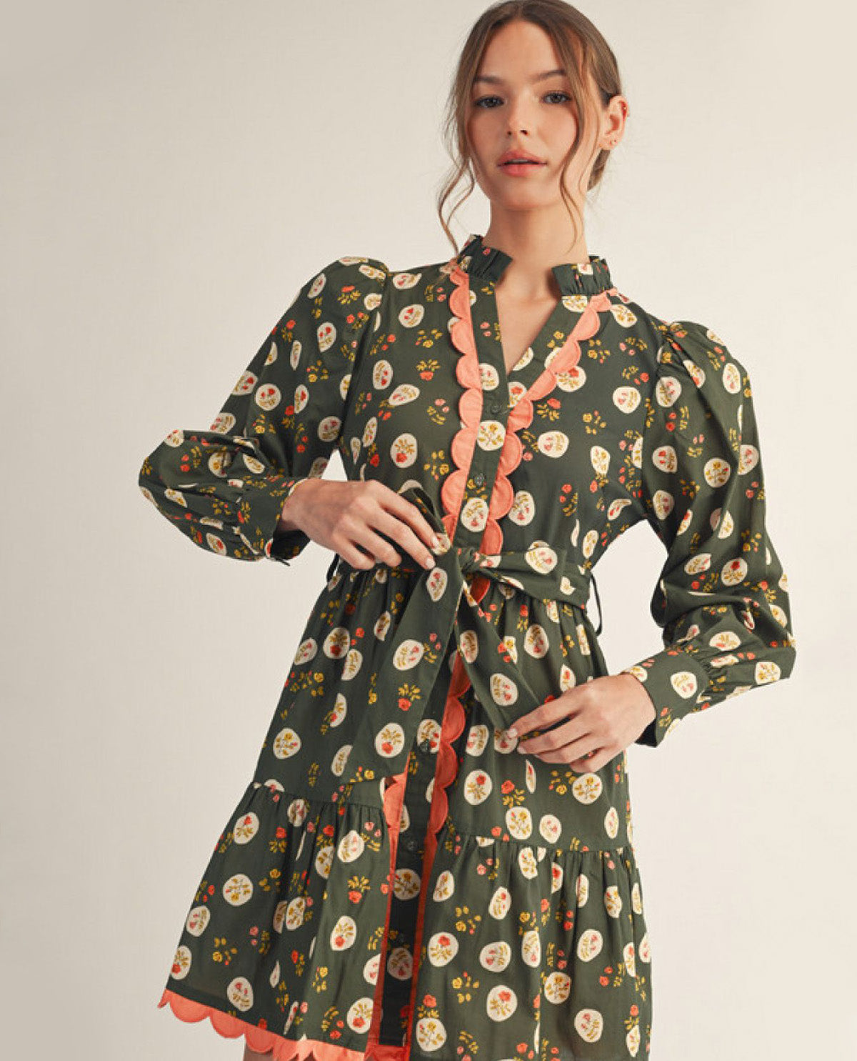 Long Sleeves Button Down Floral Dress with Side Pockets and Waist Tie