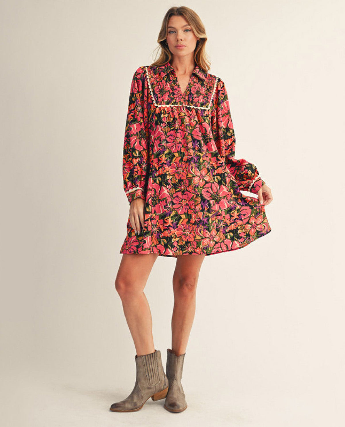 Long Sleeve Smocked Chest Print Dress