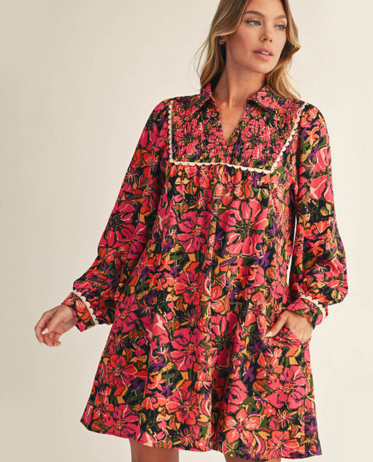 Long Sleeve Smocked Chest Print Dress