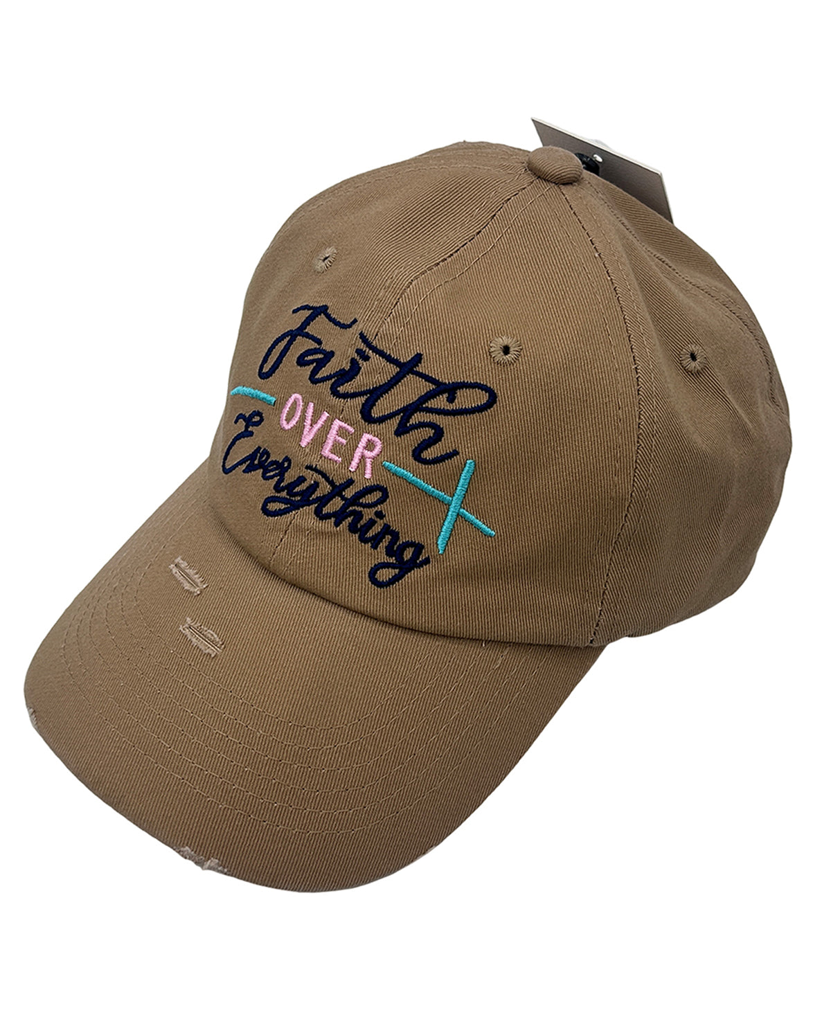 Brown cap with 'Faith Over Everything' text on a white background