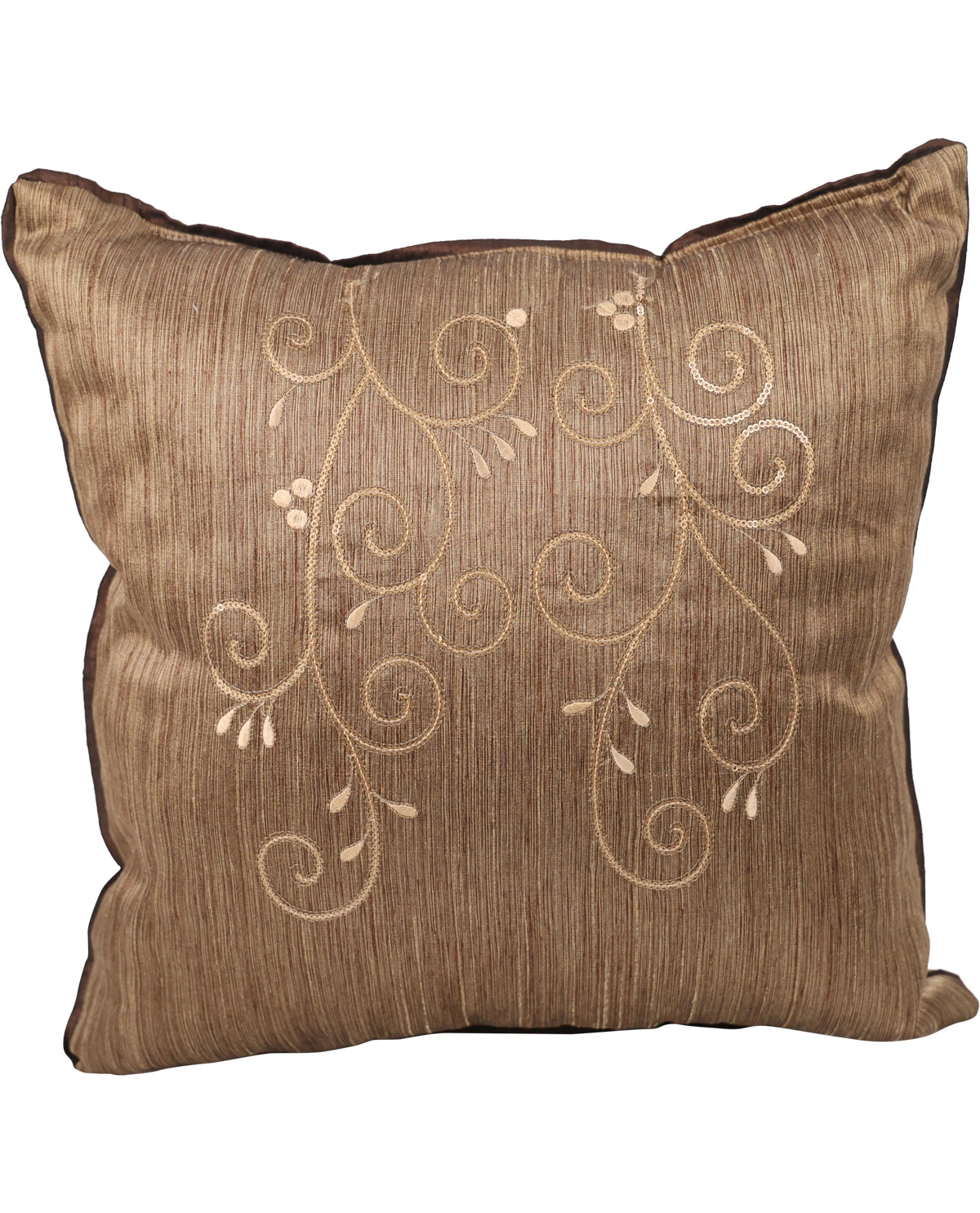 A square decorative throw pillow in a textured brown fabric with a beige embroidered vine and floral pattern, finished with a dark brown piped edge.