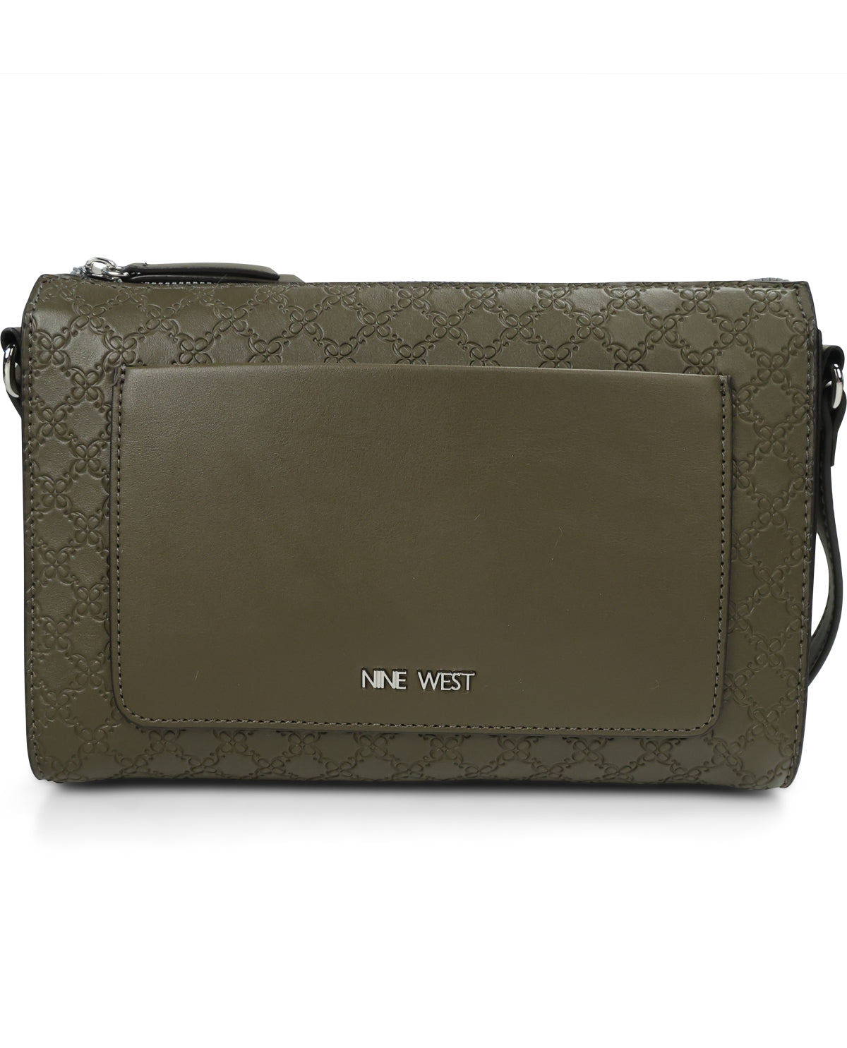 An olive green crossbody bag with a front flap pocket, featuring the 'NINE WEST' logo in silver on the lower center of the flap. The bag has a smooth leather front panel, a textured patterned leather body, and a top zipper closure, shown against a plain white background.