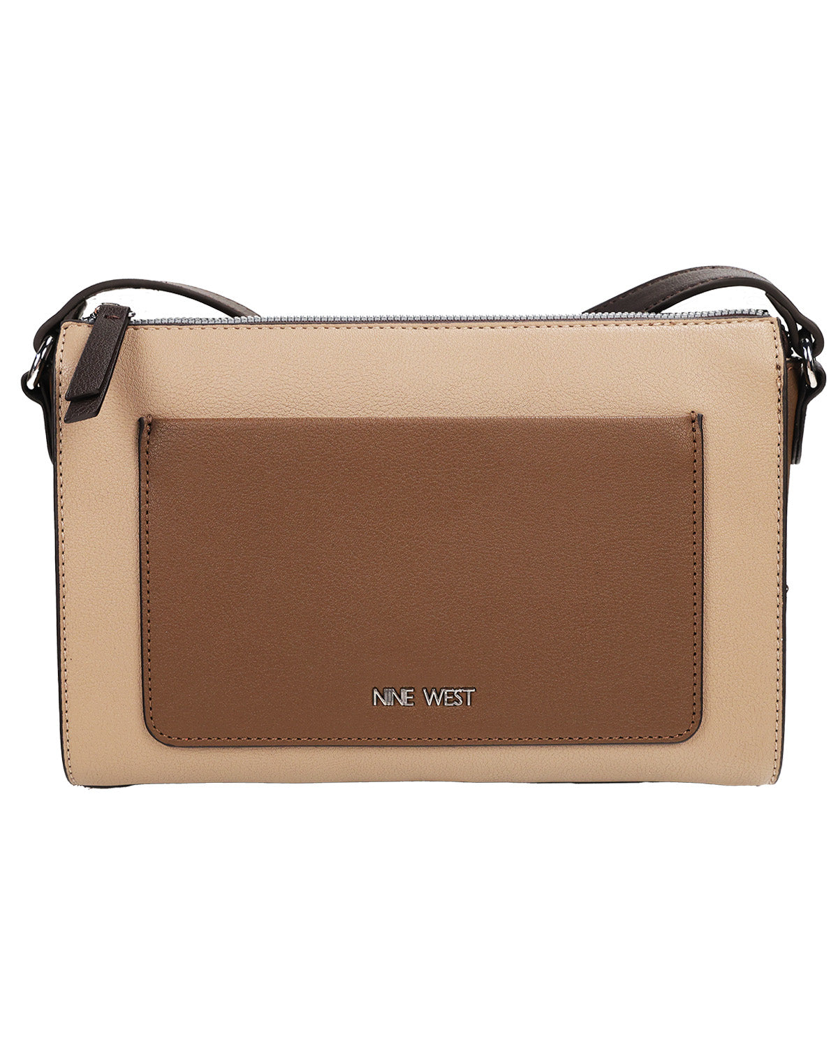 A Nine West crossbody bag in beige and brown leather, featuring a front slip pocket with the brand name 'NINE WEST' in silver lettering, set against a plain white background.
