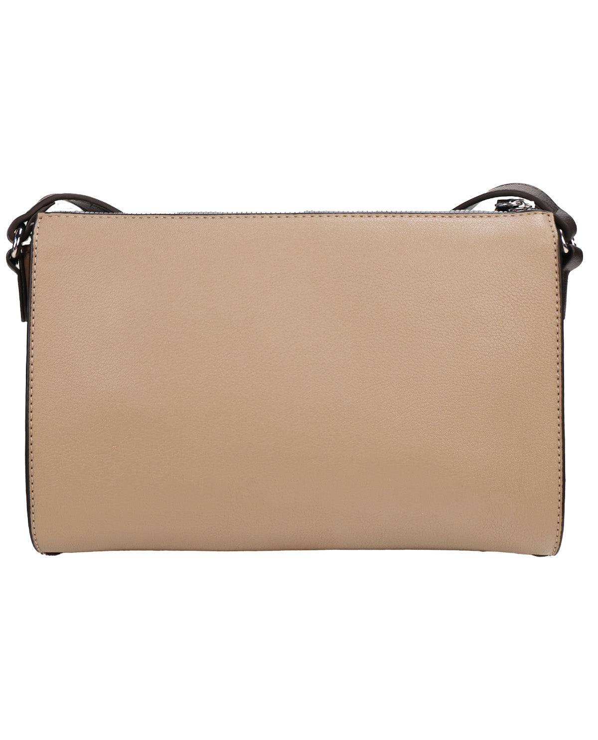 A beige pebbled leather crossbody bag with a black strap and silver hardware, shown against a plain white background.
