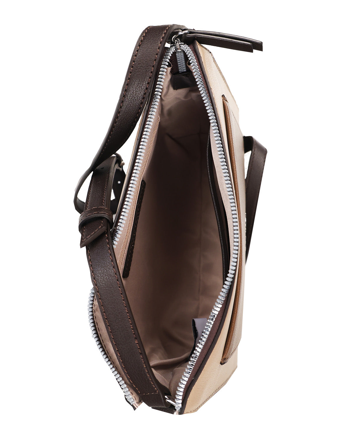 An open crossbody bag shown from a top-down view, featuring a dark brown leather exterior, silver-tone zippers, and a brown fabric interior, set against a plain white background.