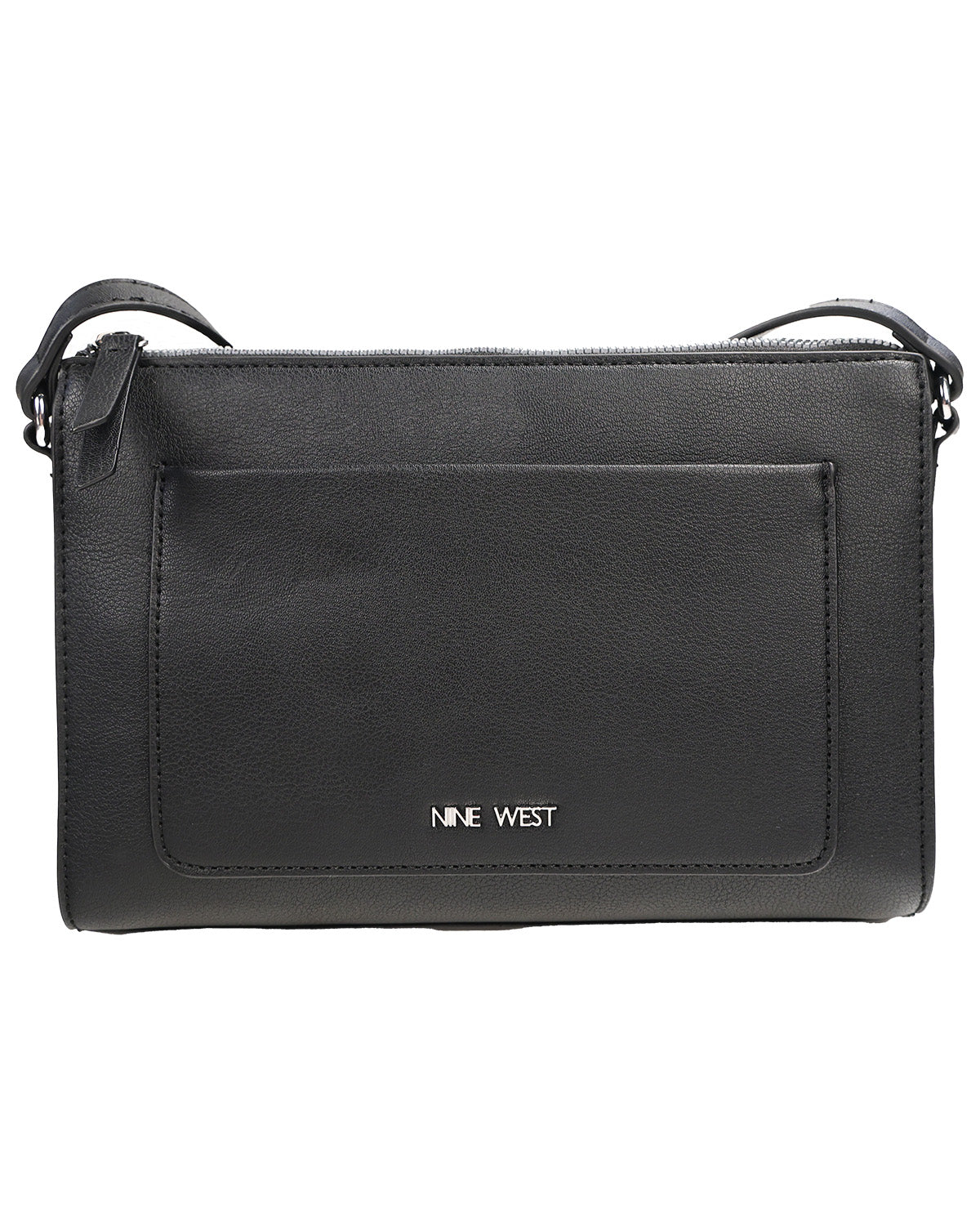 A black pebbled leather crossbody clutch bag with a front slip pocket and silver-tone 'NINE WEST' branding, shown against a plain white background.