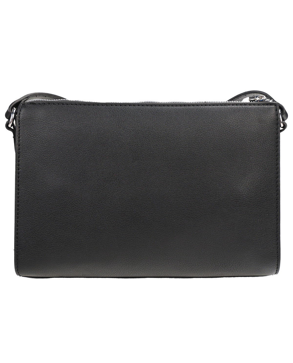 A black pebbled leather crossbody clutch bag with a top zipper closure and a thin black strap, shown against a plain white background.