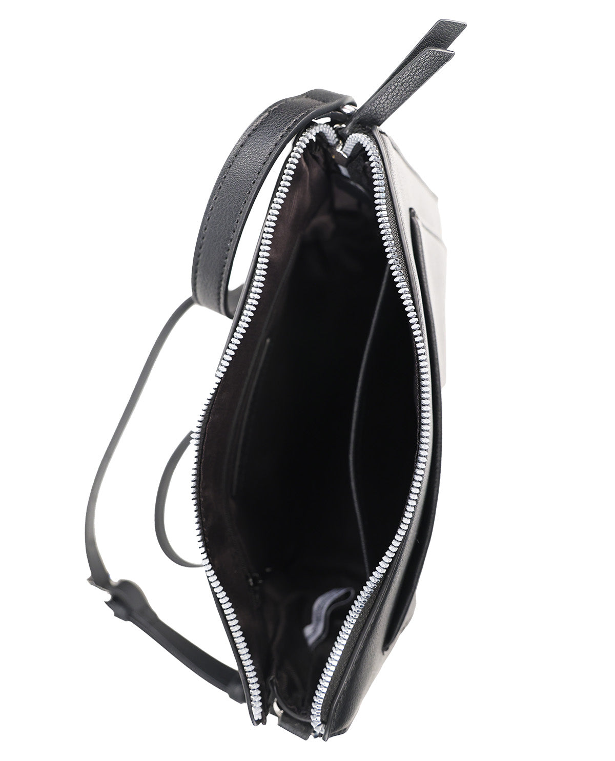 A black leather clutch bag shown open from a side angle, displaying its black interior lining and silver zipper, set against a plain white background.