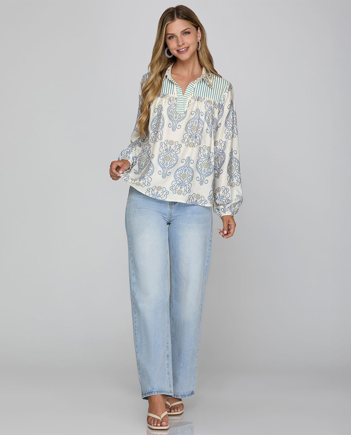 She and Sky Print Top with Collar and Stripe Contrast Lt Blue