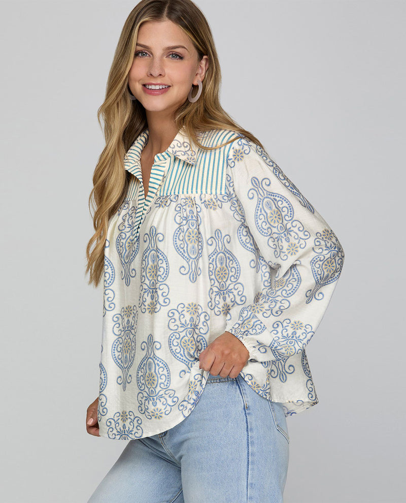 She and Sky Print Top with Collar and Stripe Contrast Lt Blue
