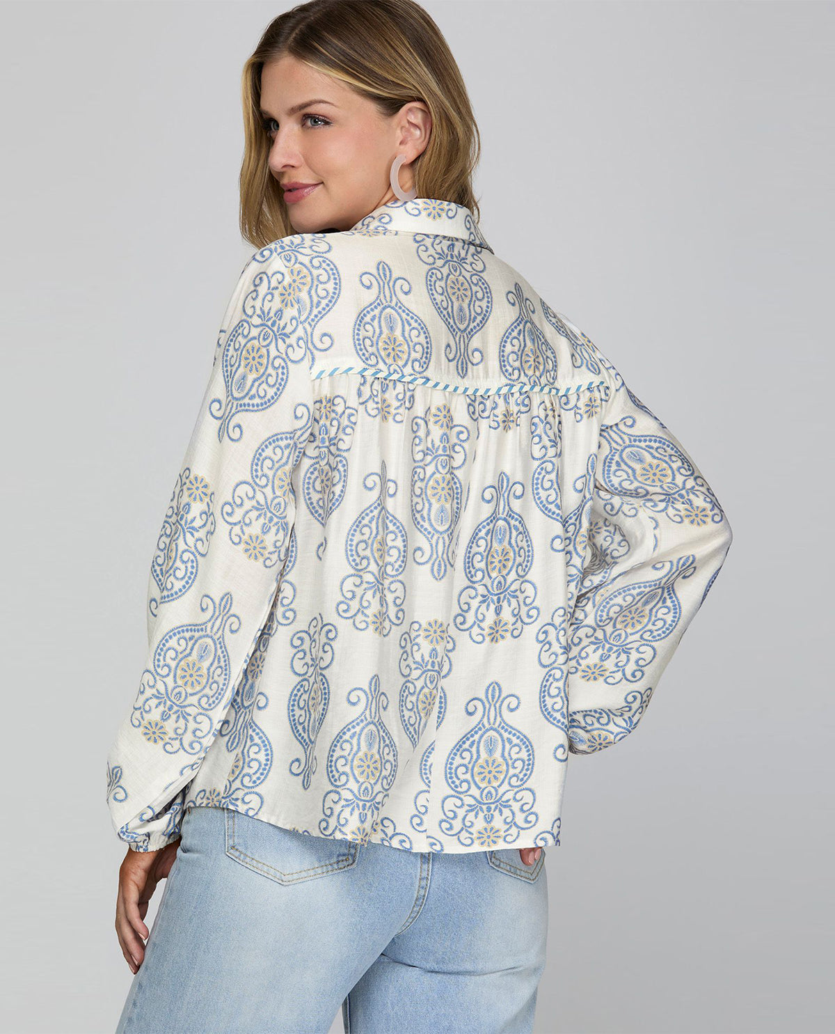 She and Sky Print Top with Collar and Stripe Contrast Lt Blue