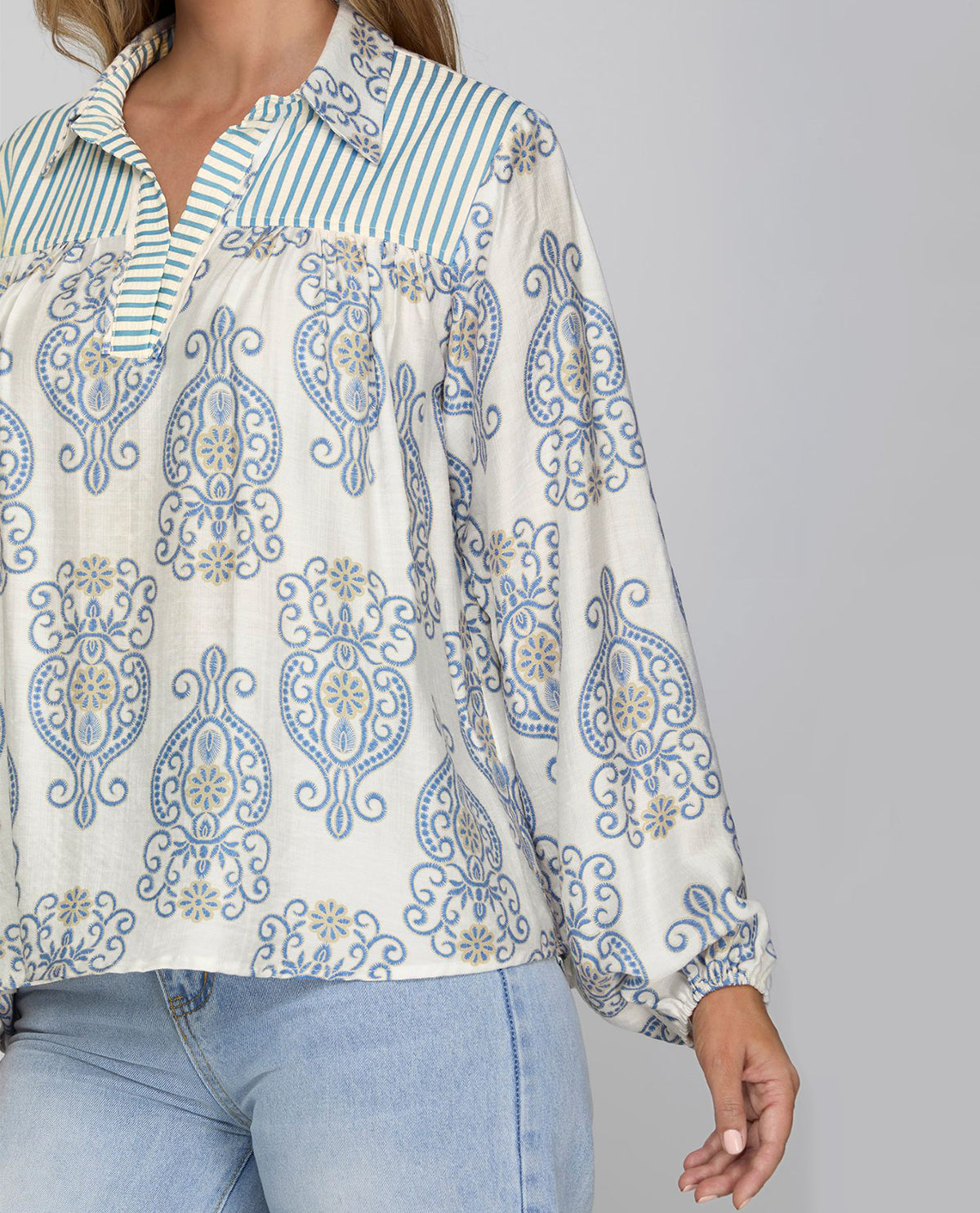 She and Sky Print Top with Collar and Stripe Contrast Lt Blue