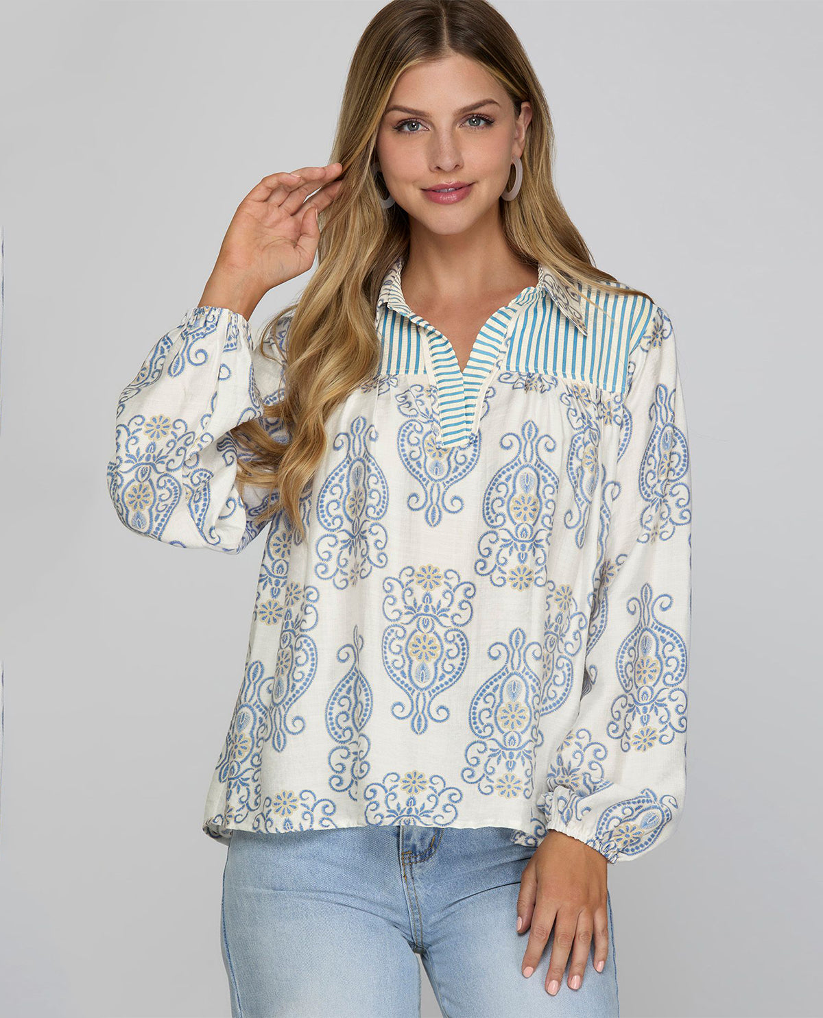 She and Sky Print Top with Collar and Stripe Contrast Lt Blue